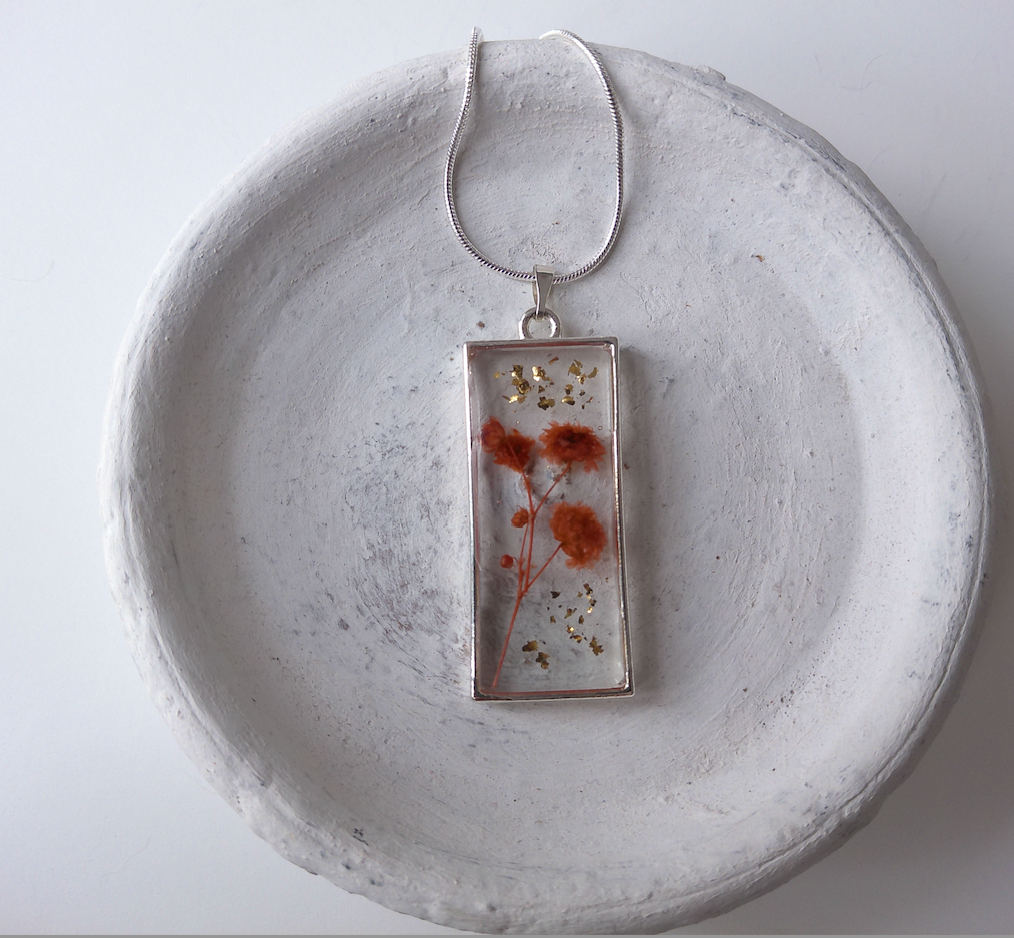 Autumn Themed Orange Gypsophila Gold foil Resin Necklace