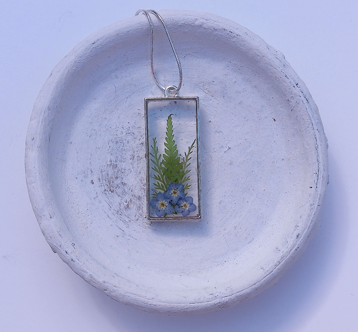 Portrait Forget Me Not and Fern Leaf Flower Pendant