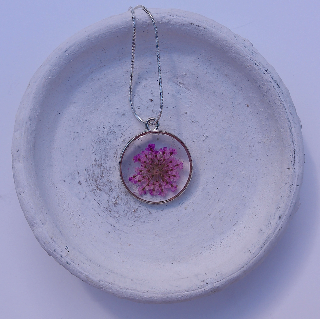 Purple Queen Anne Flower Round Pendant
