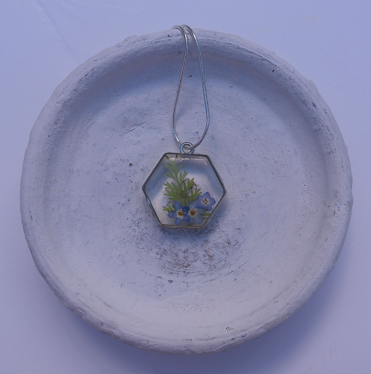 Forget Me Not and Fern Leaf Flower Hexagon Pendant