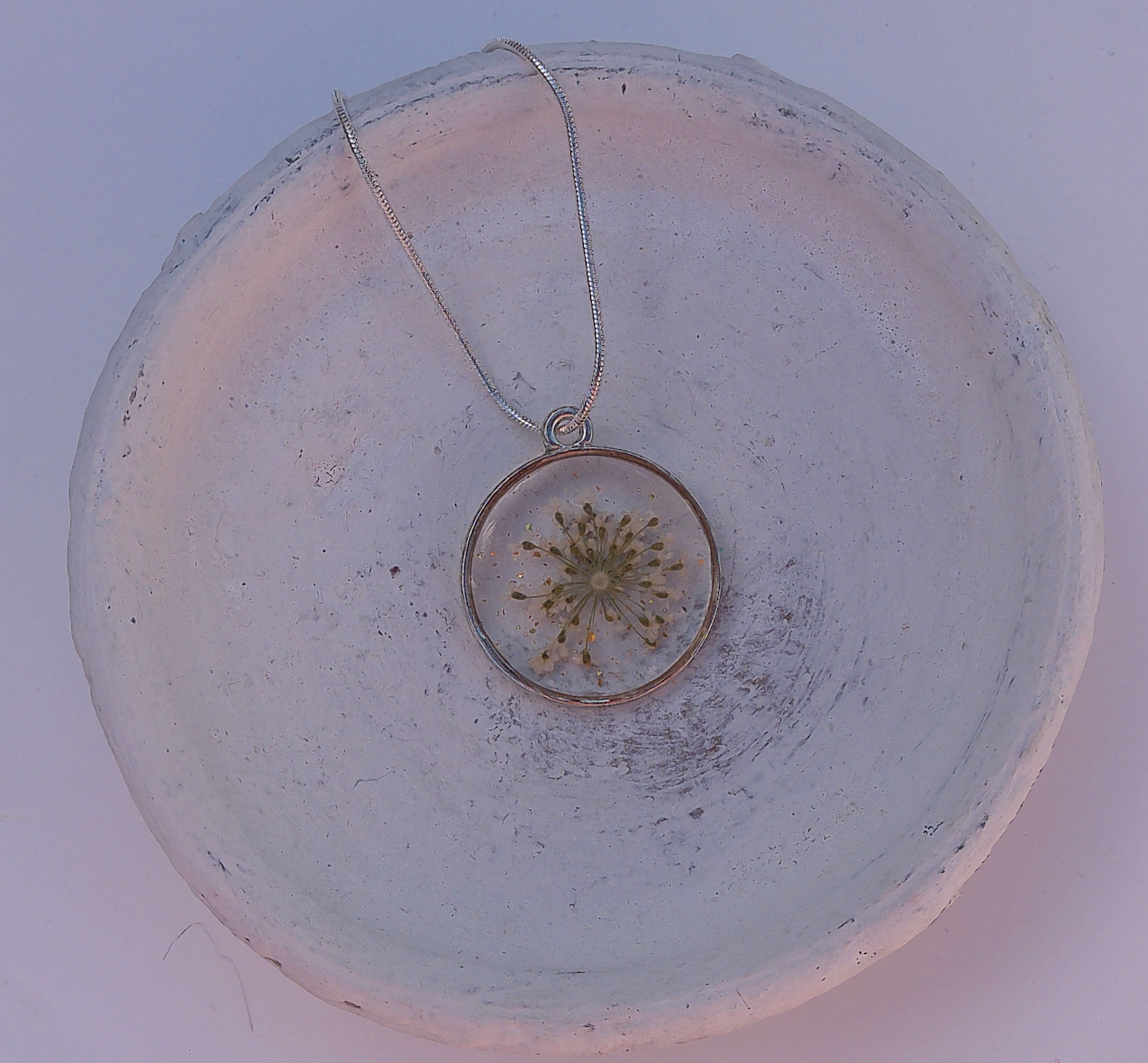 White Queen Ann Lace Flower Round Pendant