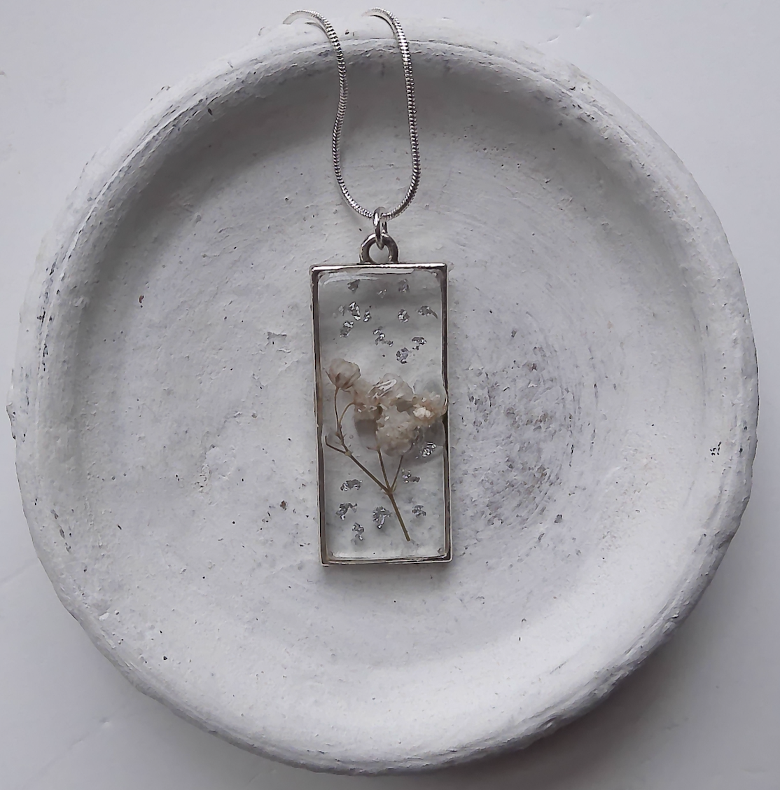 White Gypsophila Baby's Breath and Silver Foil Necklace