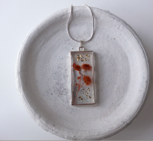 Autumn Themed Orange Gysophila Gold foil Resin Necklace